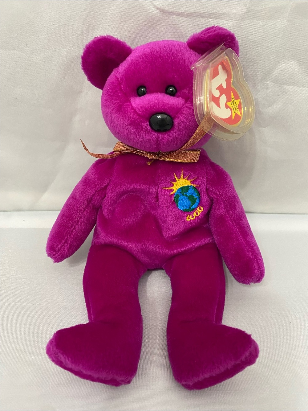 Ty Plush Bear - Bright Magenta with Embroidered Earth